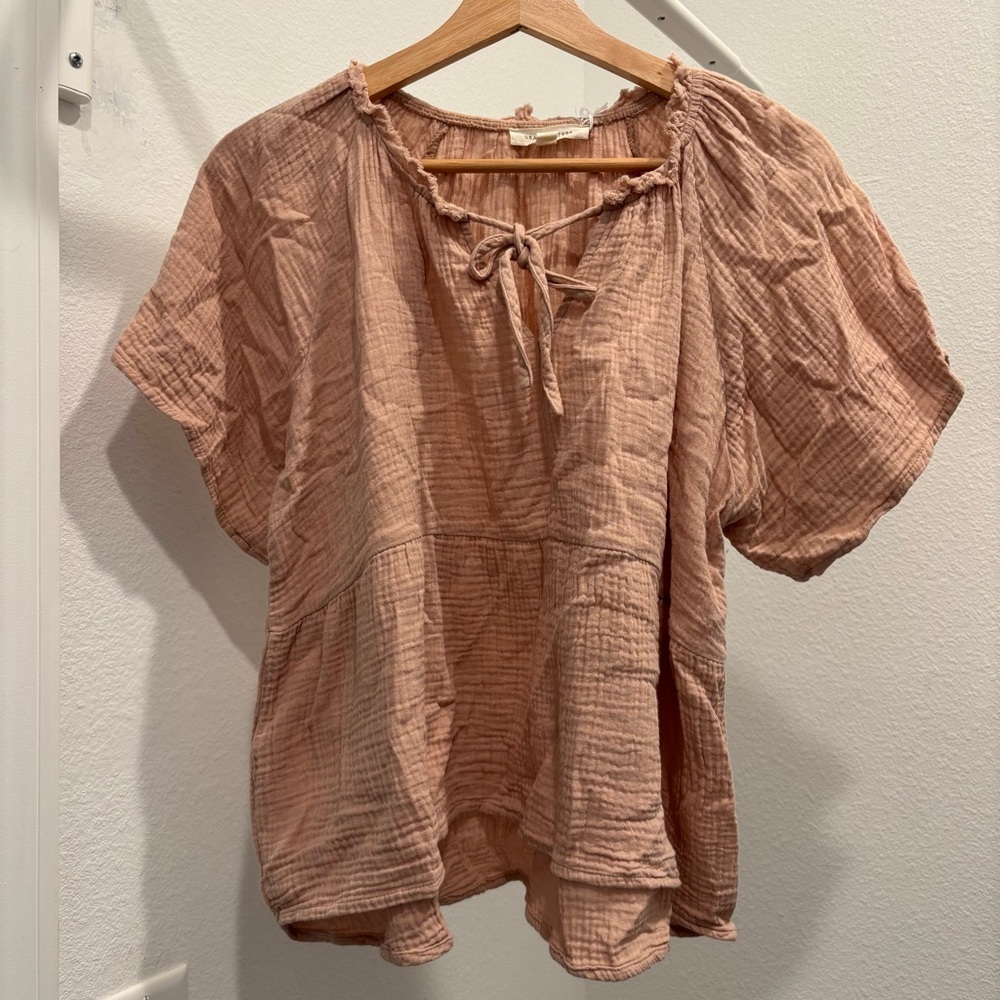 Pink Flutter Sleeve Blouse with Tie Front
